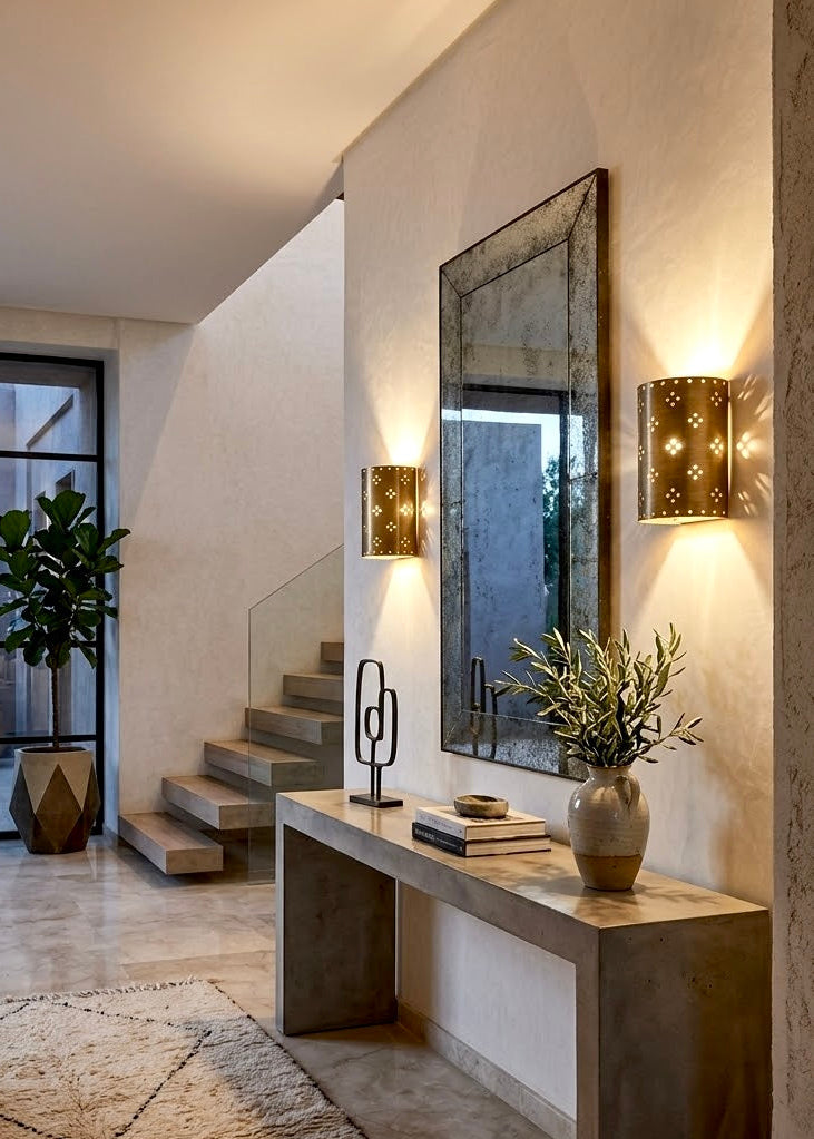 Unlacquered Moroccan brass wall sconces flanking an antique mirror in a luxury modern entryway and hallway design