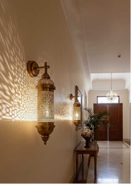 Close-up of handmade copper lighting fixture with oriental motifs.