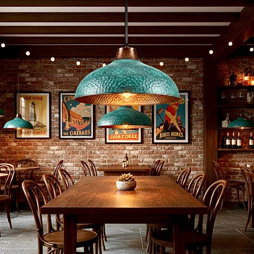 Unique verdigris brass pendant light, 100% solid brass with a rustic green exterior.