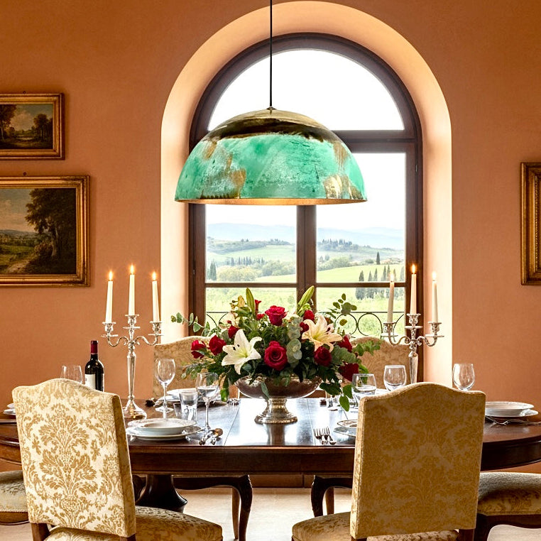 Handmade hammered copper dome pendant light, rustic farmhouse kitchen lighting.