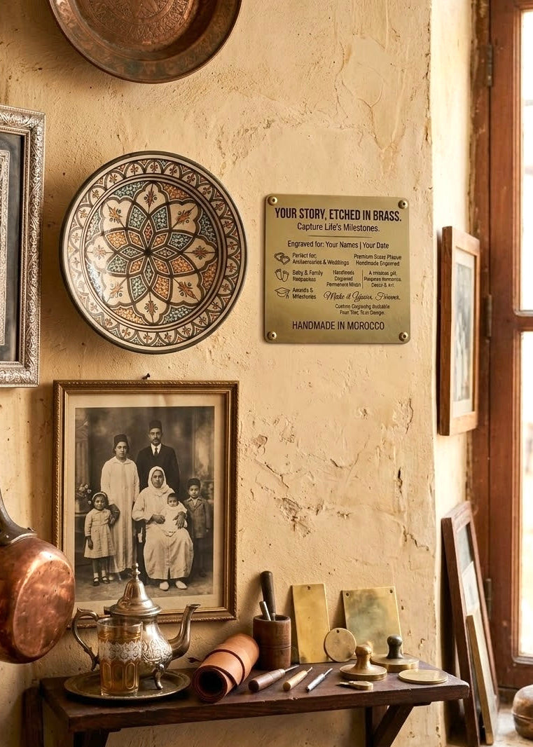 Handmade Moroccan solid brass door sign displayed in a rustic craftsman workshop with traditional copperware.⁠