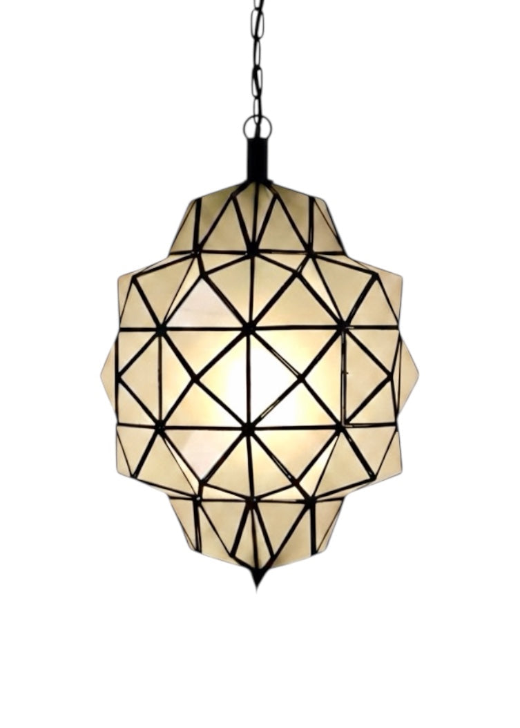 High-quality product photo of a handcrafted Moroccan brass lamp with frosted milky glass panels on a clean white background.