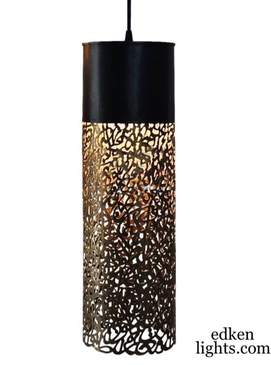 Authentic handmade Moroccan brass pendant lamp featuring intricate Arabic calligraphy cutouts in a cylindrical shape.