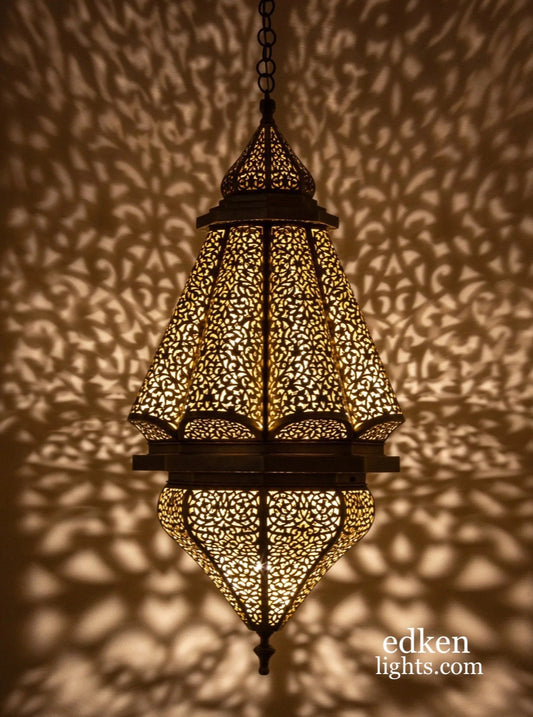 Authentic handmade Moroccan brass pendant light with intricate filigree patterns.