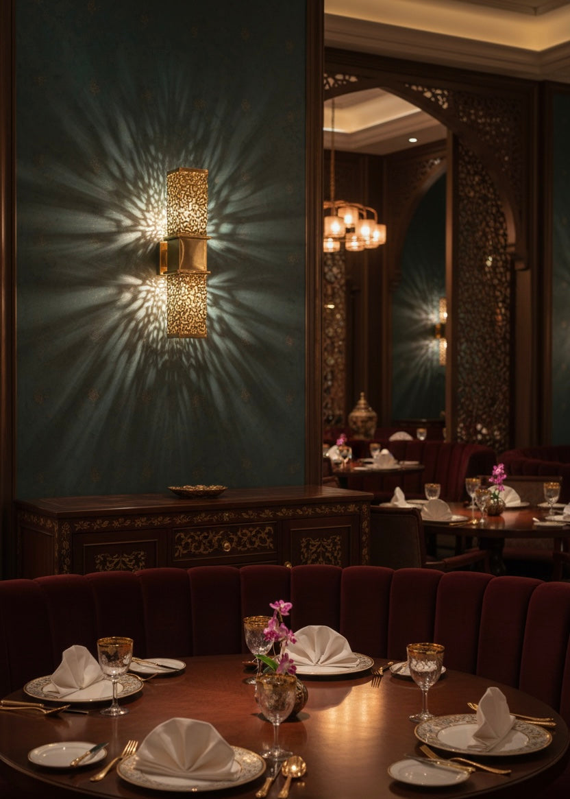 Authentic Moroccan wall lamp made of solid brass projecting a dramatic starburst shadow pattern on a restaurant wall.