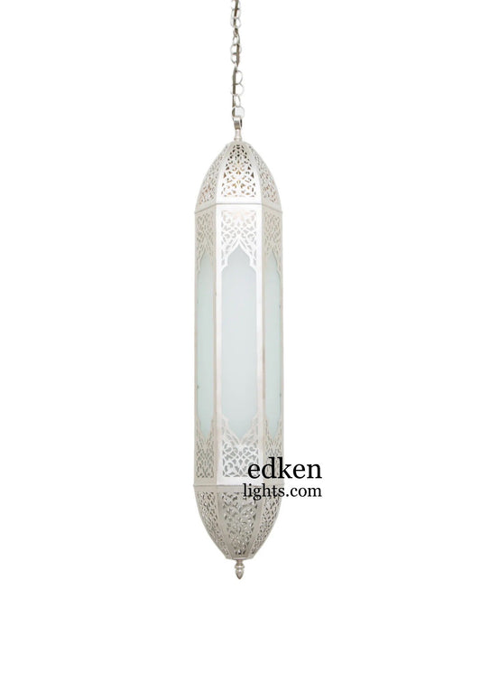 Authentic Moroccan handmade brass lamp with frosted glass panels, traditional ceiling light fixture.