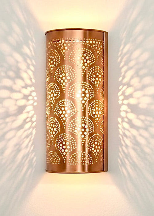 Handmade Moroccan wall sconce in polished gold brass with intricate hand-perforated patterns.