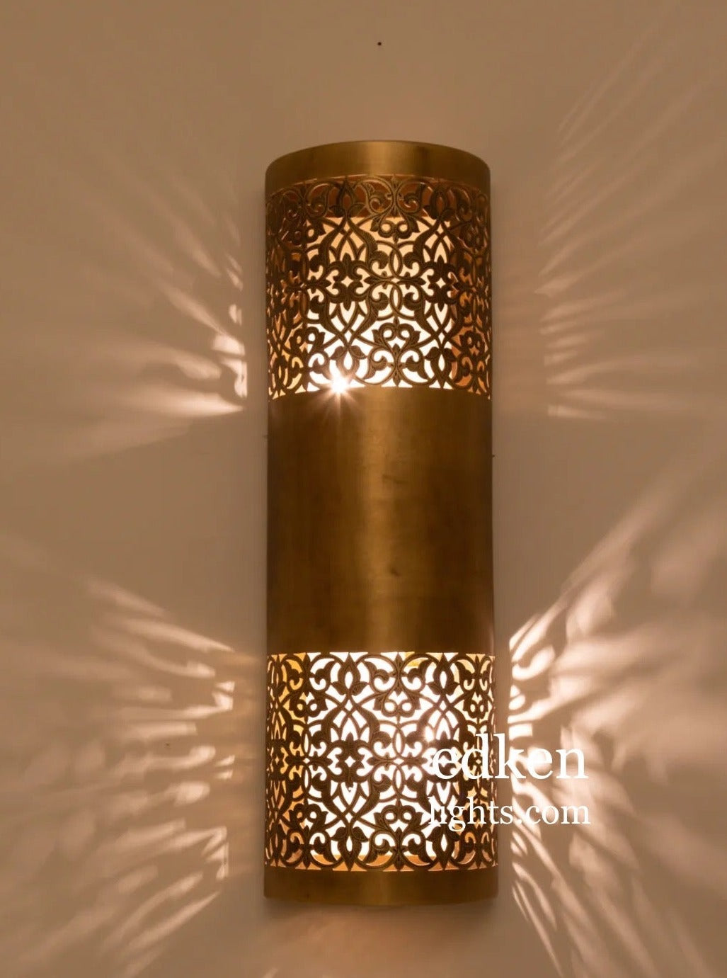 Handmade Moroccan wall sconce made of 100% solid brass with traditional hand-punched patterns.