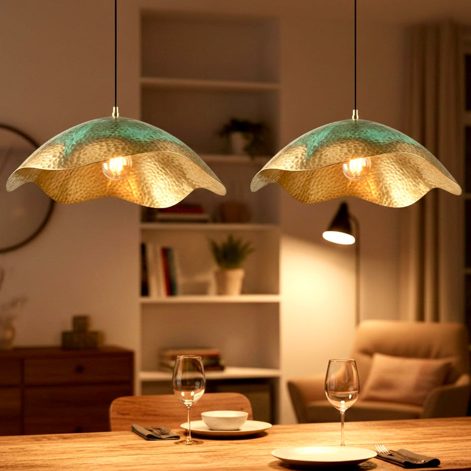 Top view of green patina Moroccan dome lamp highlighting artisan texture and brass quality.