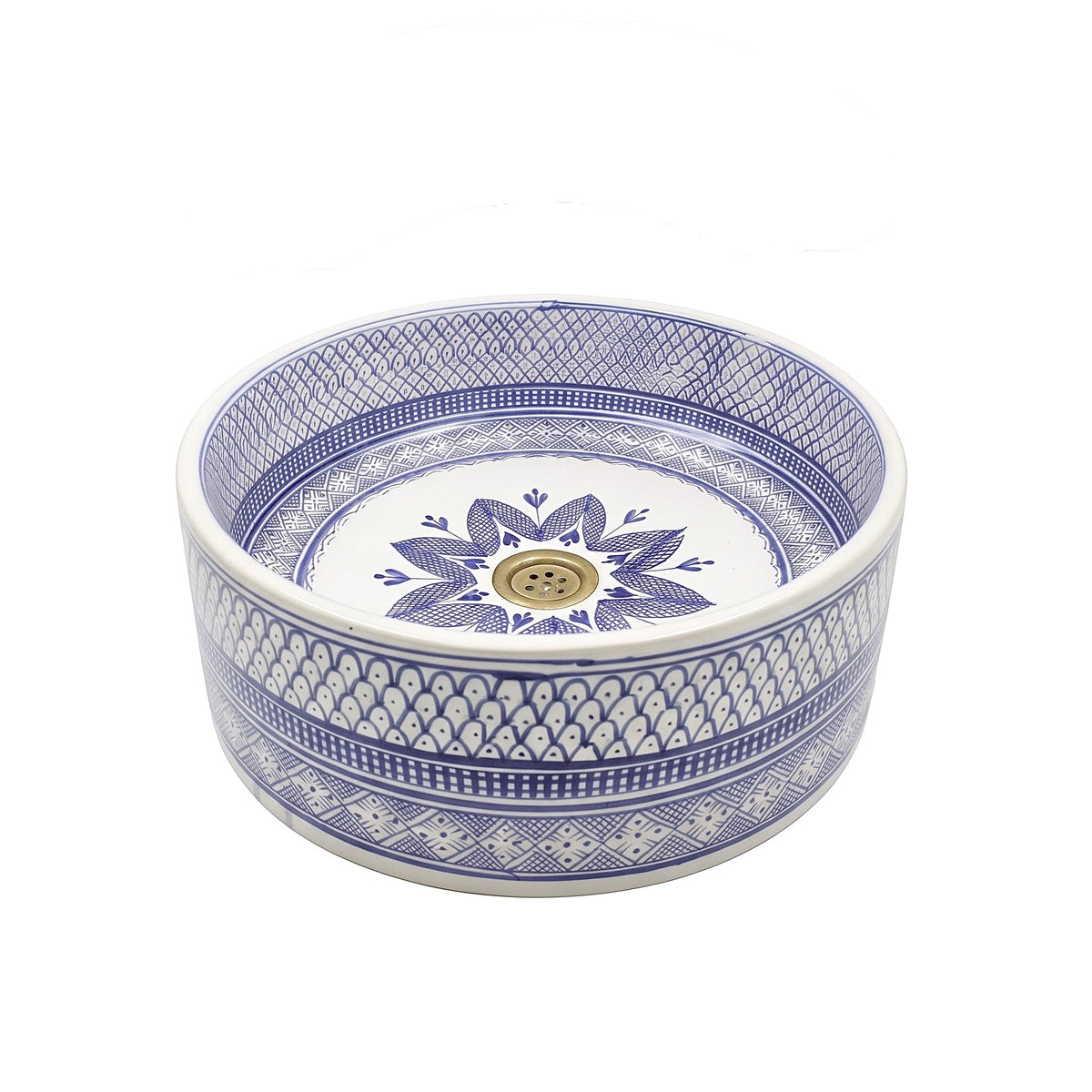 Isolated view of a round Moroccan blue and white ceramic vessel basin featuring a traditional hand-painted floral mandala center design.