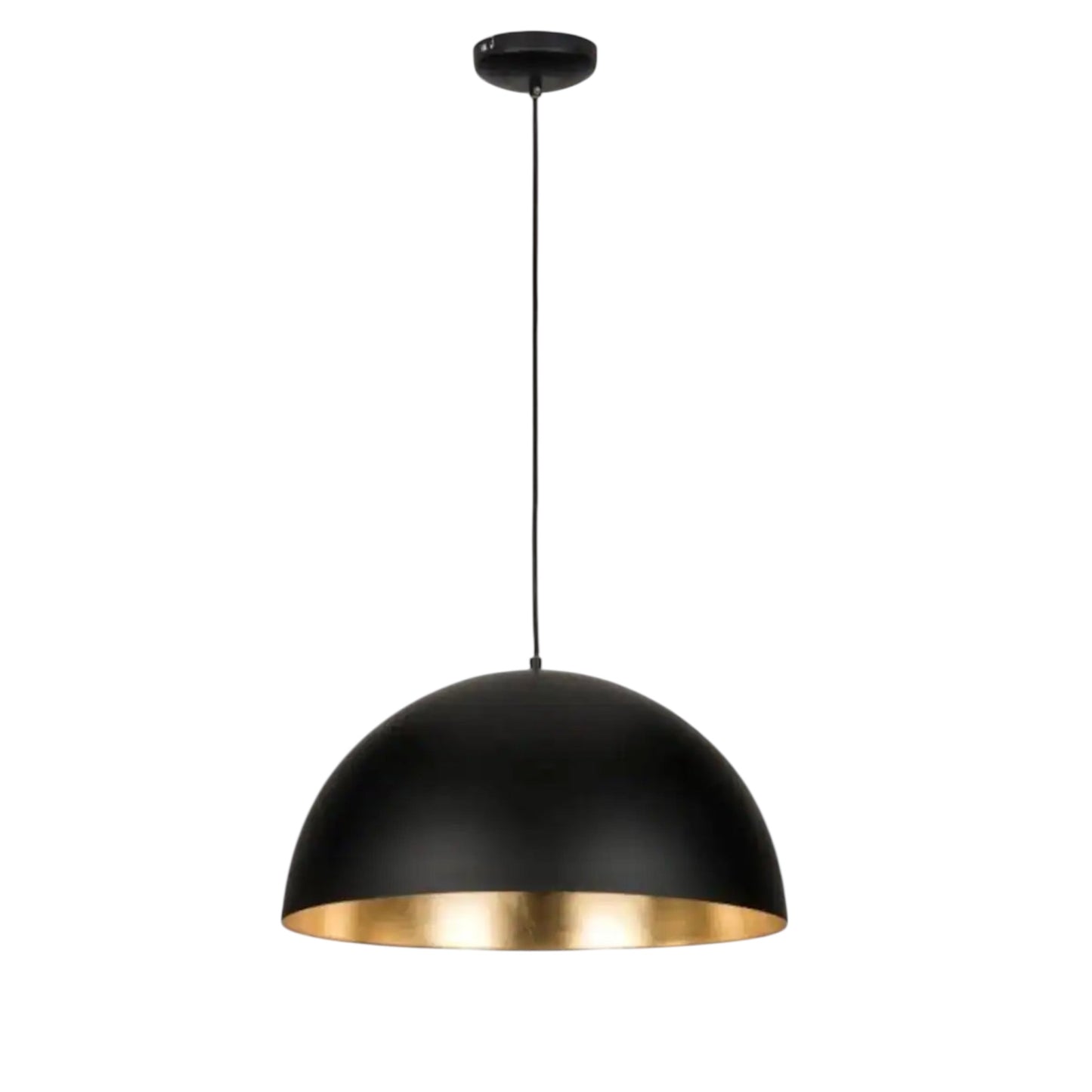Close-up of a modern dome pendant light with a matte black exterior and a reflective gold foil interior finish.