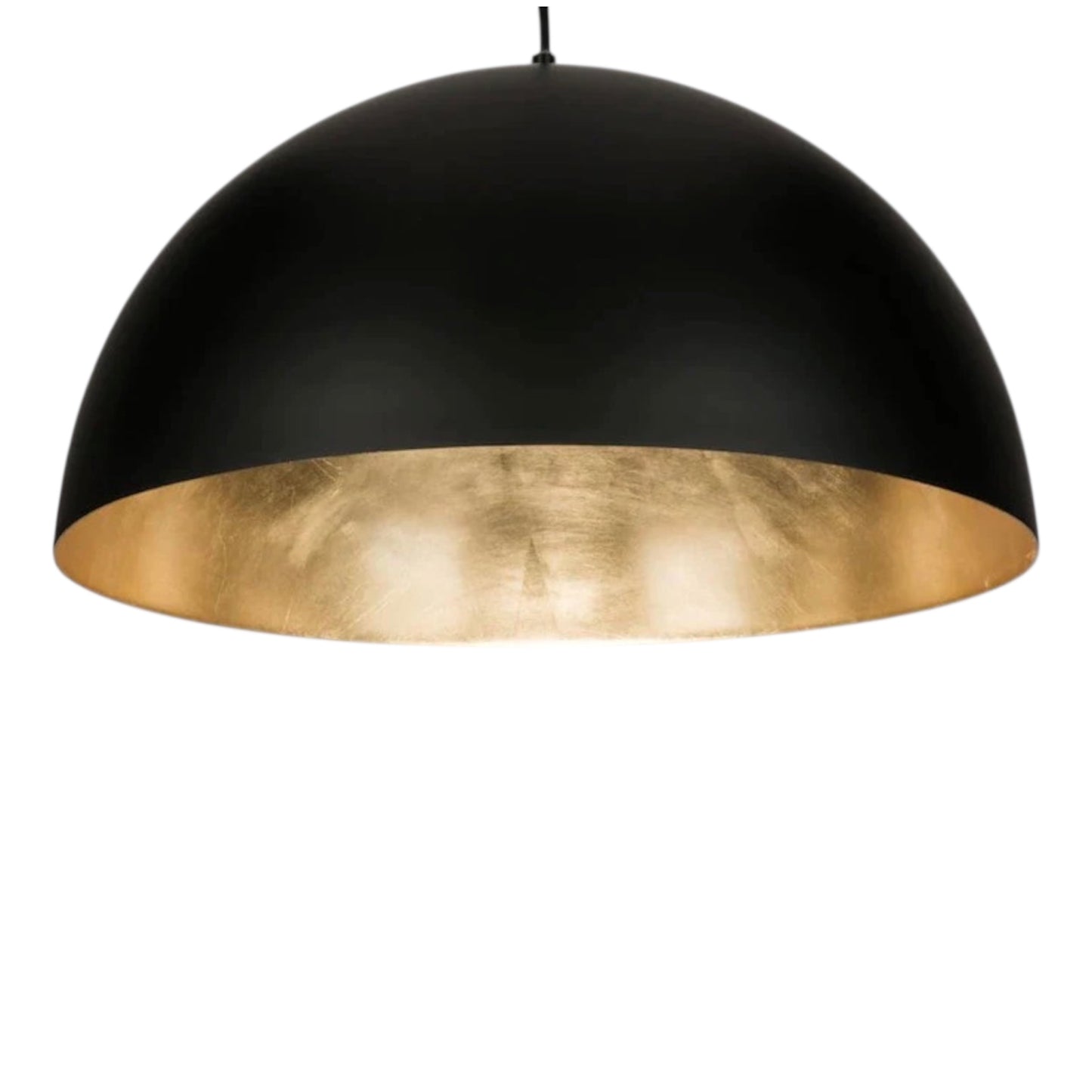 Minimalist black dome hanging lamp with gold lining, showing the sleek cord and ceiling mount on a white background.