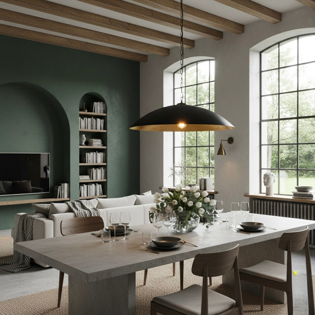Large black dome pendant lamp in a dining room featuring green walls and rustic wooden ceiling beams.