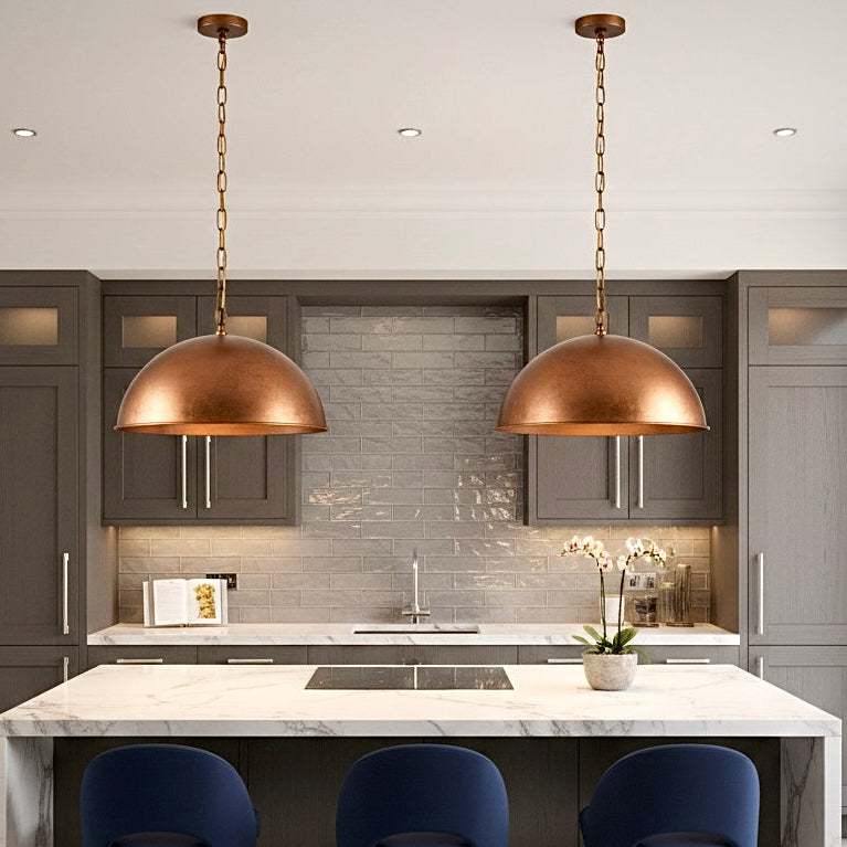 Industrial farmhouse copper red pendant lamp for a cozy kitchen island.