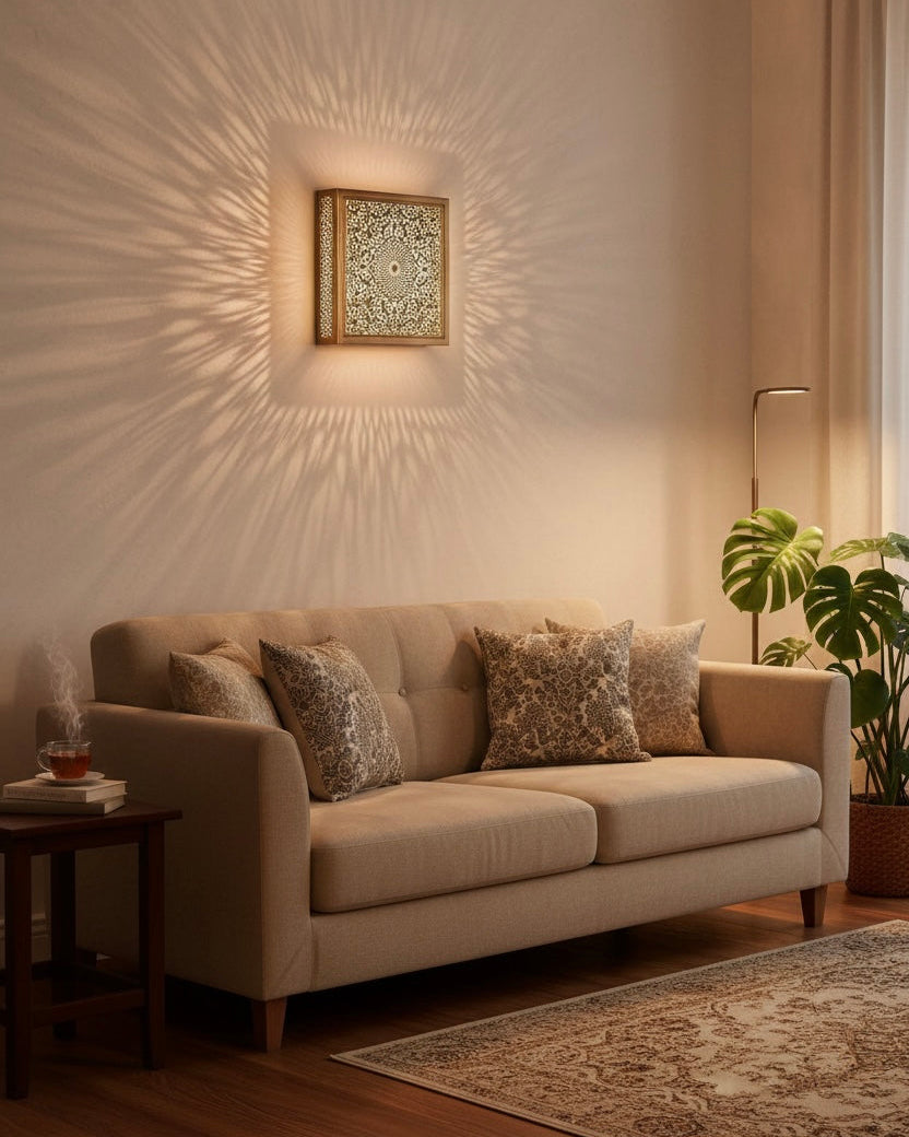 Close-up of Islamic geometric laser-cut patterns on a bronze wall sconce for luxury home decor.