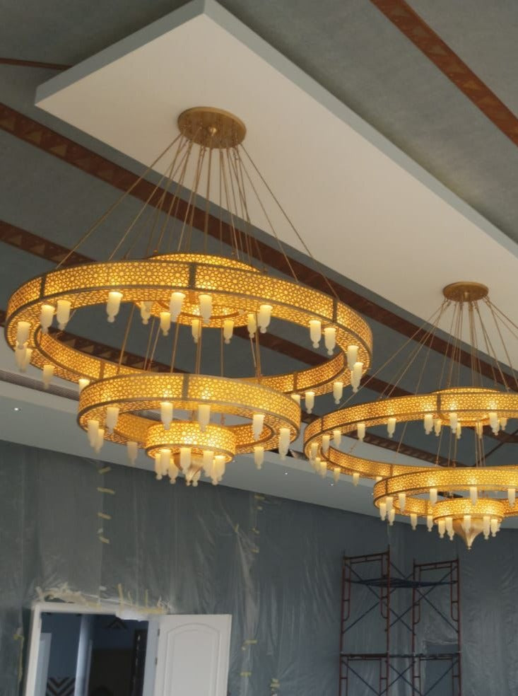 Monumental Islamic chandelier in hand-etched brass for mosque prayer halls and religious centers.
