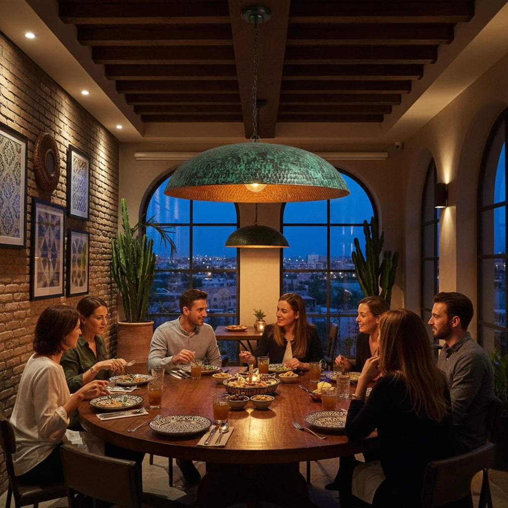 People dining under a large hammered copper pendant light in a Mediterranean-style restaurant with brick walls and warm lighting.