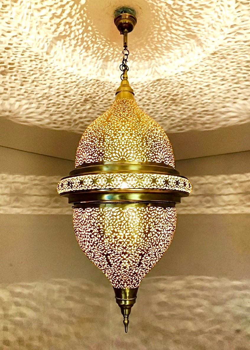Large Moroccan ceiling lamp handcrafted from solid brass with intricate etched patterns