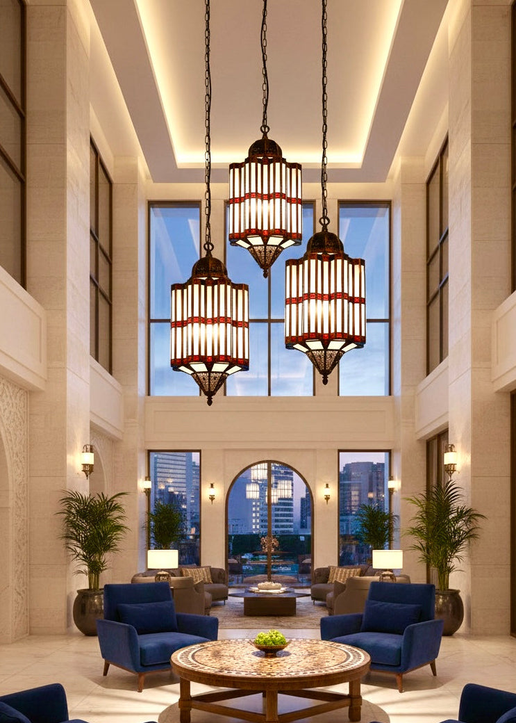 Triple Moroccan brass chandeliers for high ceilings, thuraya lights for Middle East villas, grandes lustres marocains, orientalisches Design.