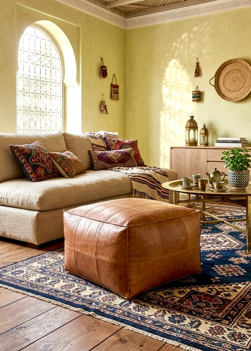 Moroccan Genuine Leather Square Pouf - Ref 4001