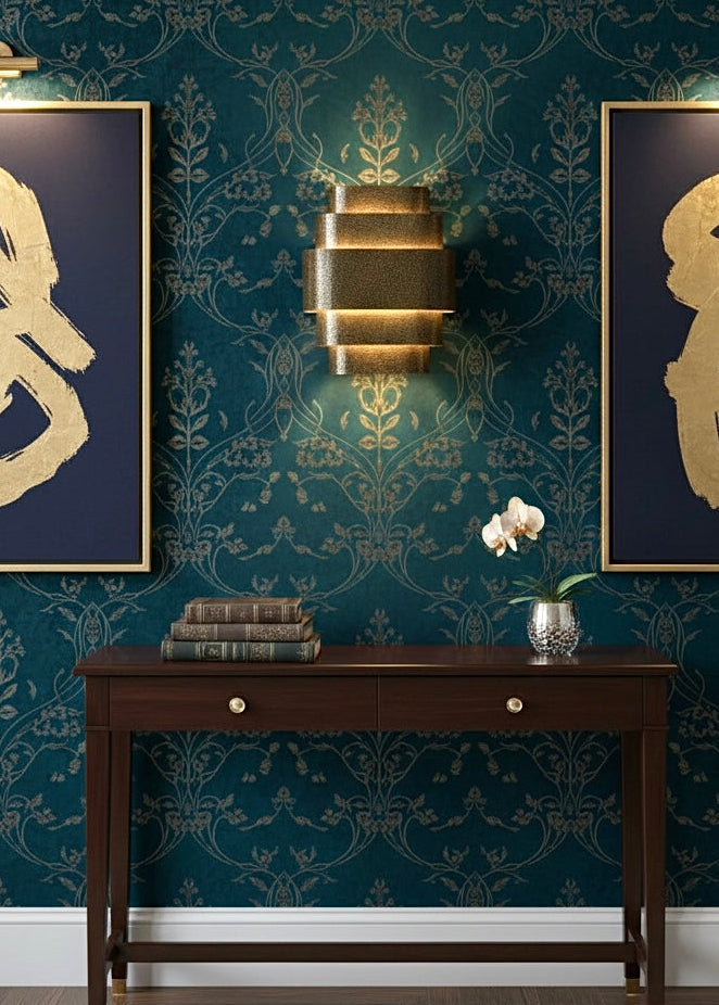 Luxury Moroccan brass wall lighting installed in a modern boho living room.