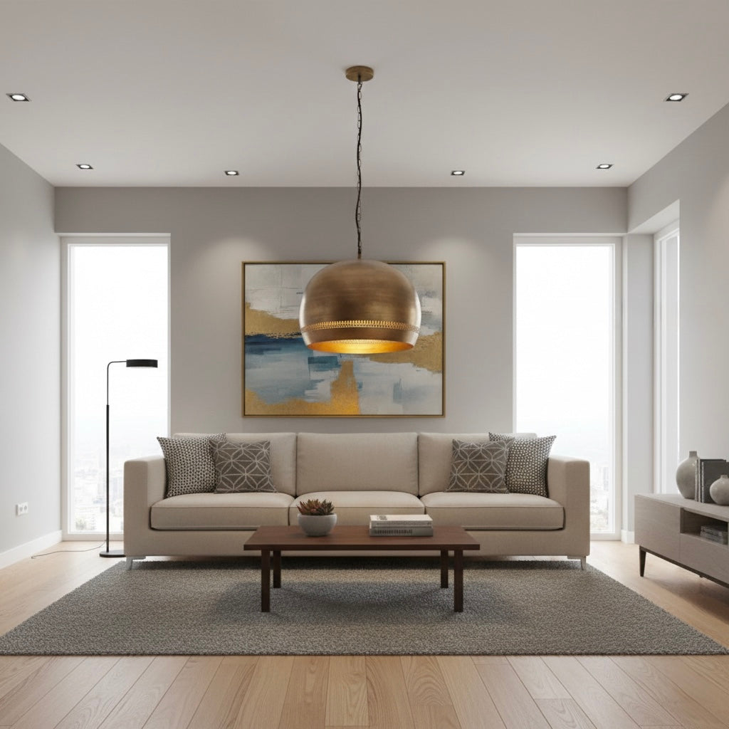 Elegant antique brass dome lamp showing internal warm light glow.