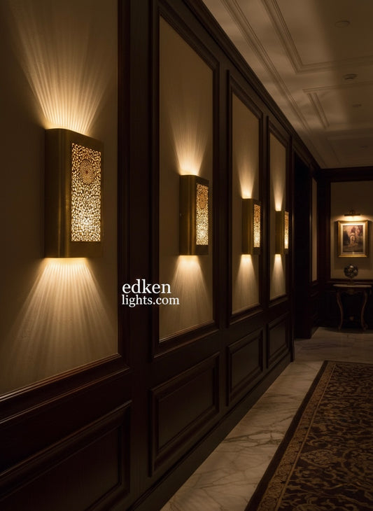 Multiple Moroccan brass sconces installed in a luxury dark wood paneled hallway creating a sophisticated atmosphere.