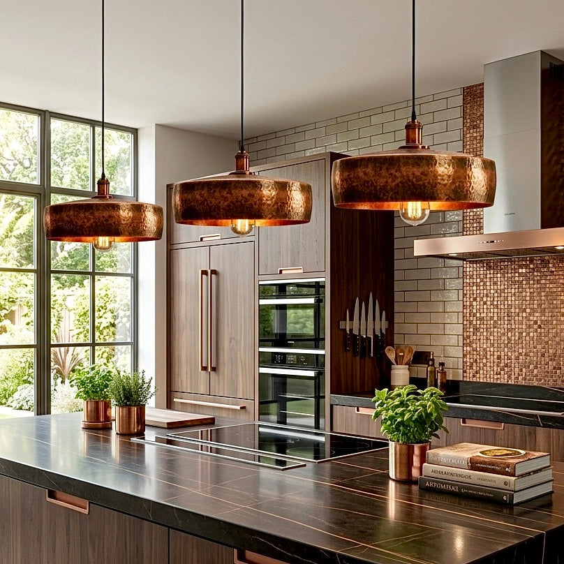 Stunning red hammered copper ceiling fixture with intricate hand-worked detail.