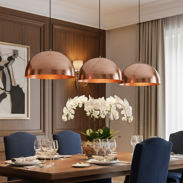 Oversized copper dome ceiling light in a cozy living room with green sofa and high-end decor