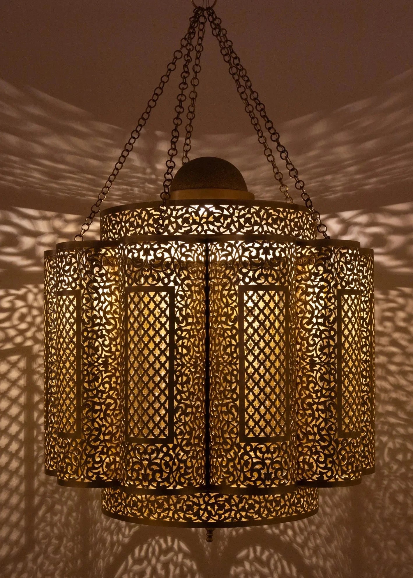 Premium quality handmade Moroccan brass ceiling light fixture in brushed gold finish, traditional hand-carved arabesque metalwork.
