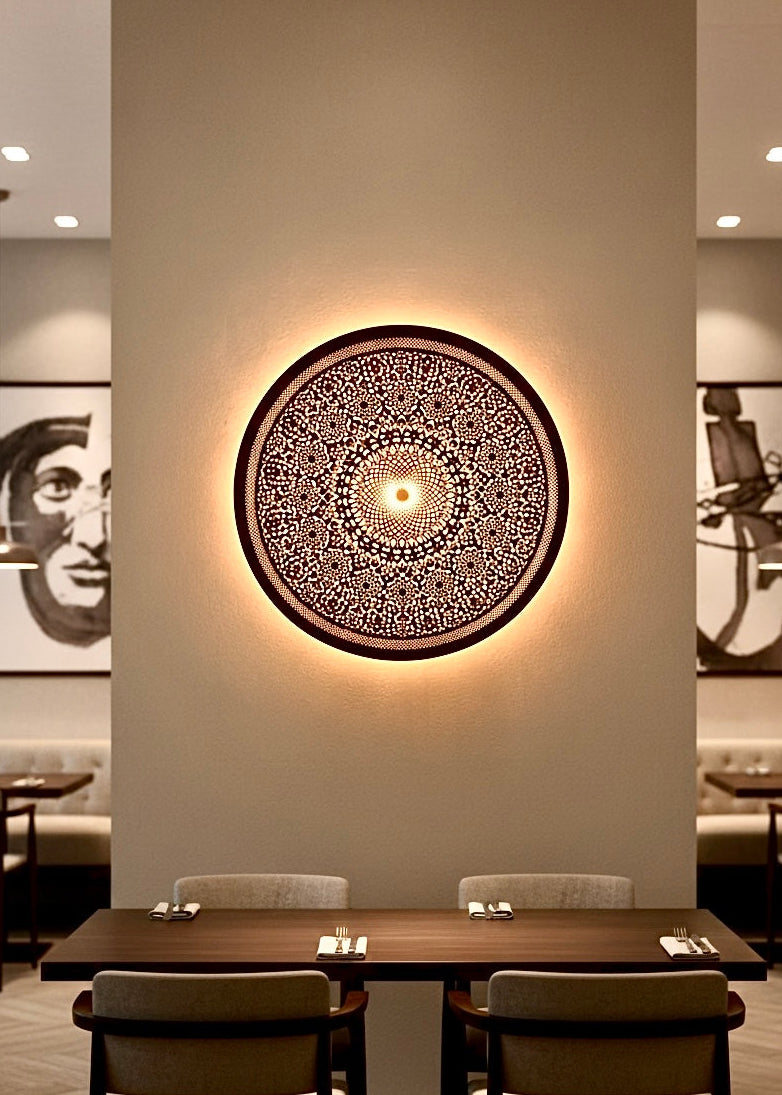 Luxury handmade Moroccan wall light fixture installed in a modern restaurant setting with warm ambient lighting.
