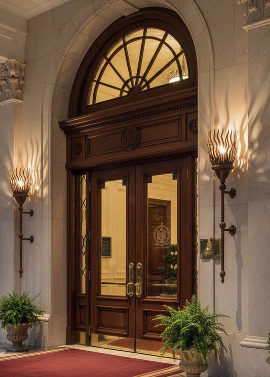 Authentic Moroccan brass torch lamp providing warm ambient light.