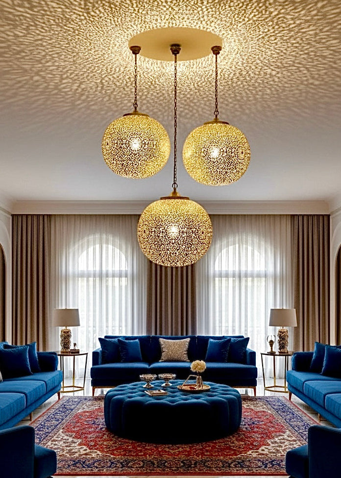 Moroccan brass pendant light casting beautiful exotic shadow patterns on the walls.