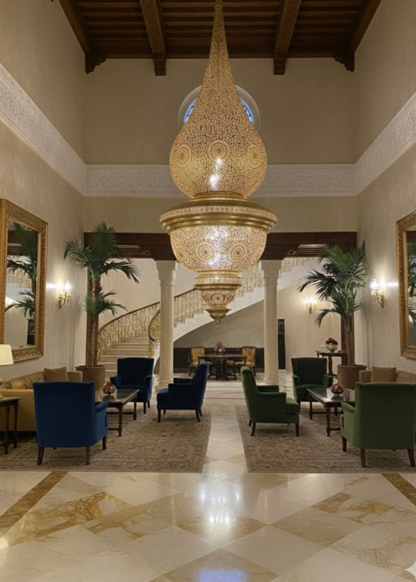 Luxury Moroccan ceiling light fixture with intricate hand-pierced patterns for Riad style interior design