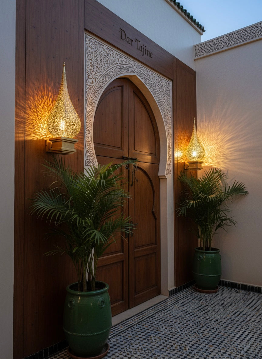 Decorative Moroccan brass wall lamp installed in a living room, creating a luxury bohemian atmosphere.