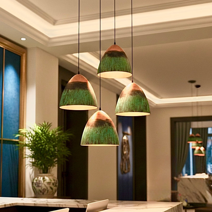 Luxury Moroccan handmade dome pendant lights in green patina and copper red finish, modern kitchen island ceiling lighting.
