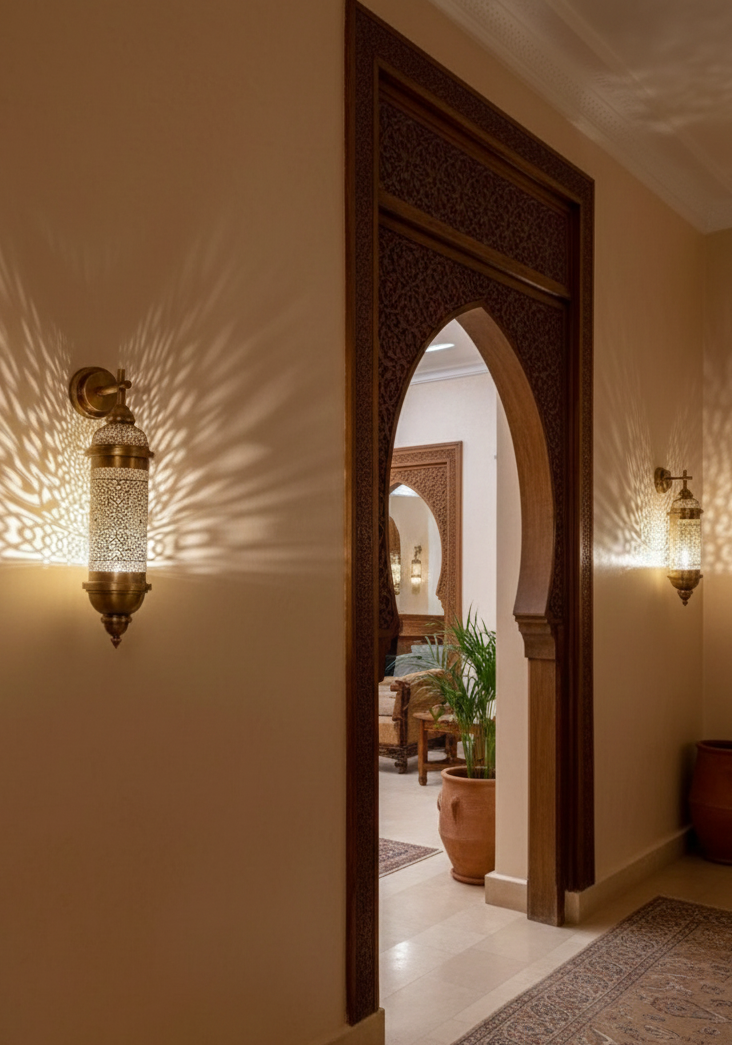Atmospheric shadow effect from a Moroccan style cylinder wall lamp.