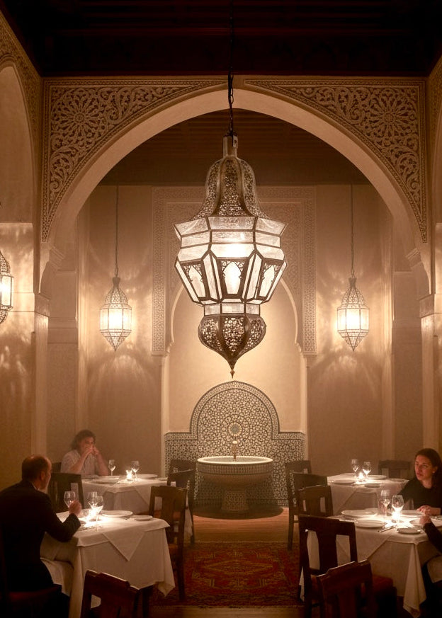 Large ornate Moroccan brass chandelier in a luxury dining hall with traditional Moorish architecture and warm lighting.