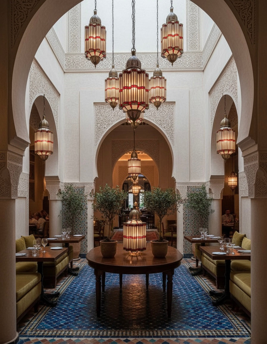 Detail of a Moroccan artisanal lamp, polished brass with ruby red glass accents, suitable for boho-chic home decor.