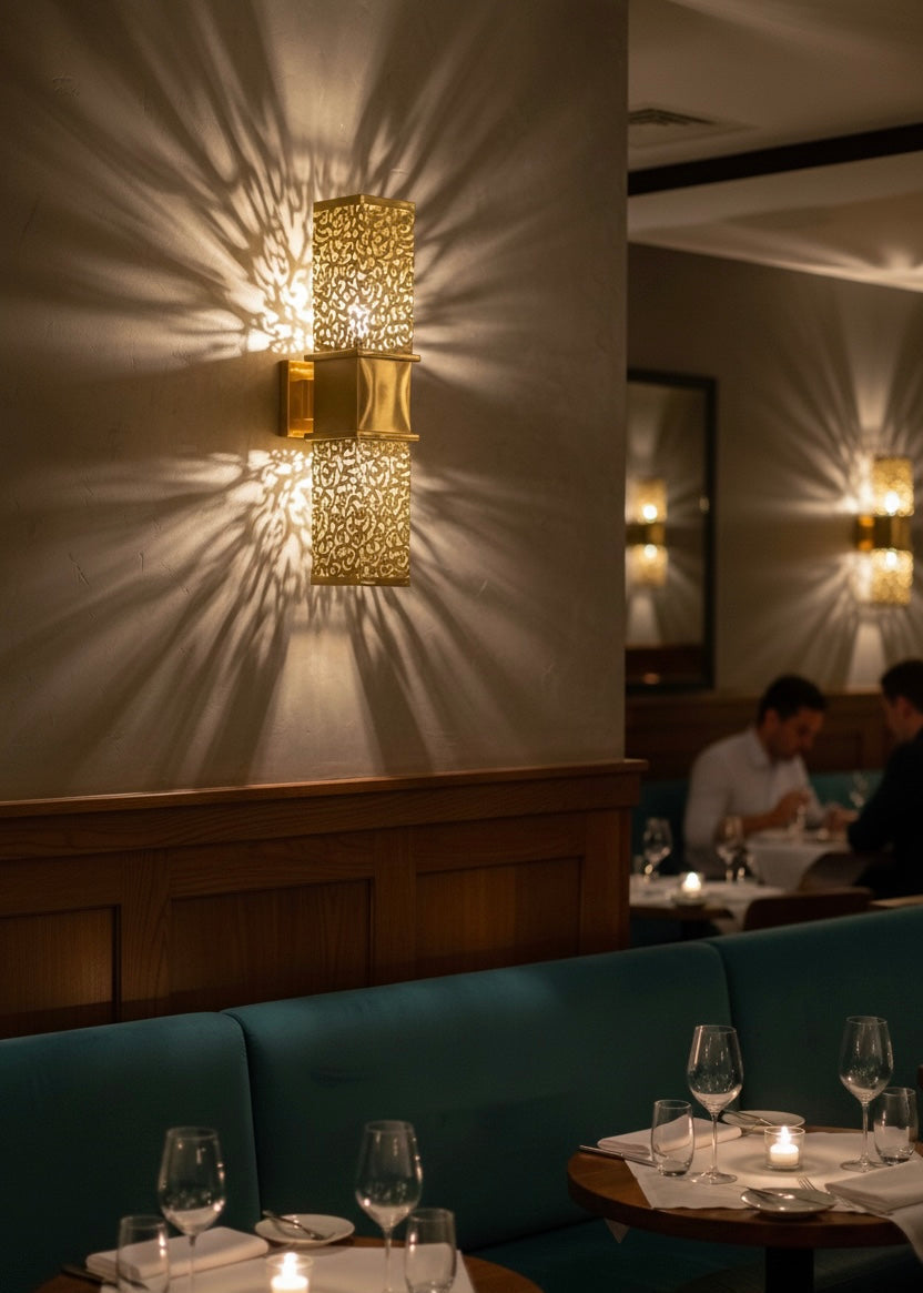 A pair of gold Moroccan brass wall lamps creating a warm, luxury atmosphere in a modern living room.