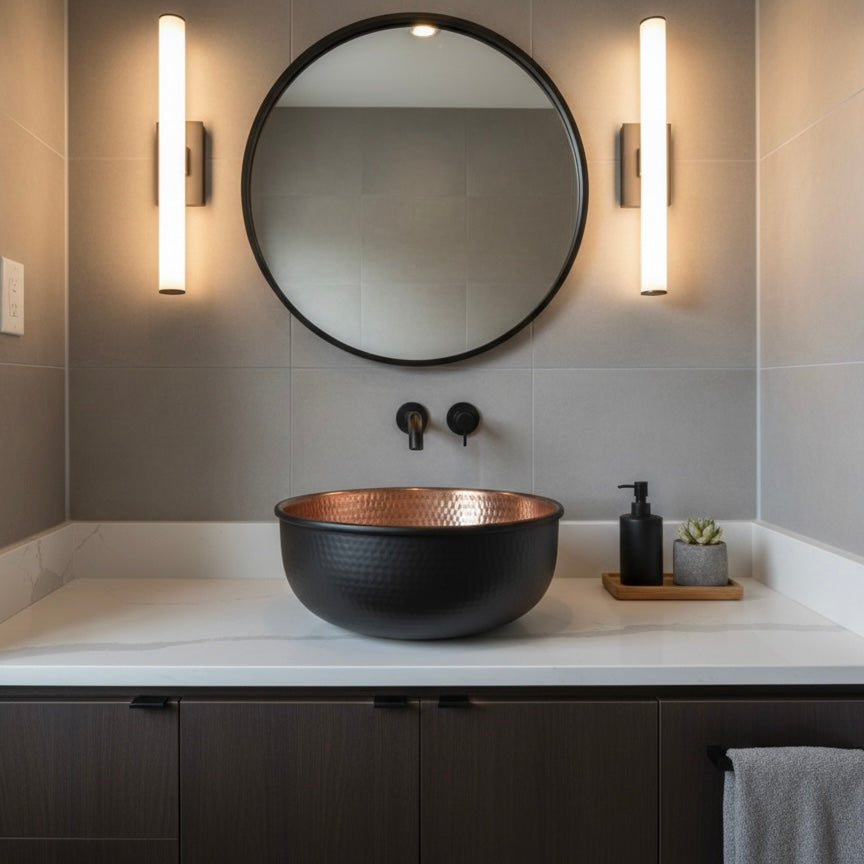 Traditional artisan copper sink integrated into a contemporary minimalist bathroom.