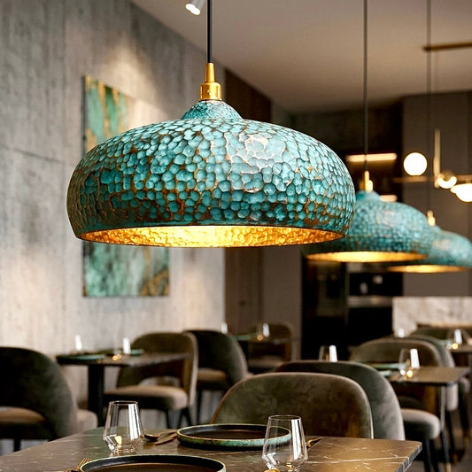 Modern farmhouse patina green dome pendant light, handmade brass for rustic kitchen.