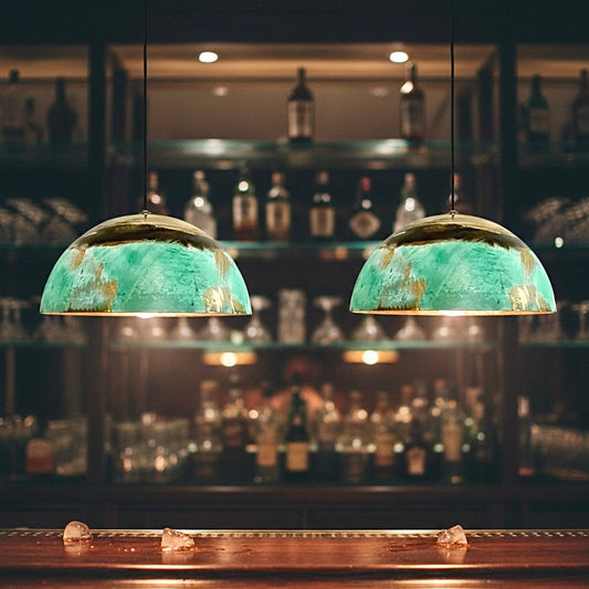 Modern patina copper lamp with polished gold interior for a stylish bar lighting.
