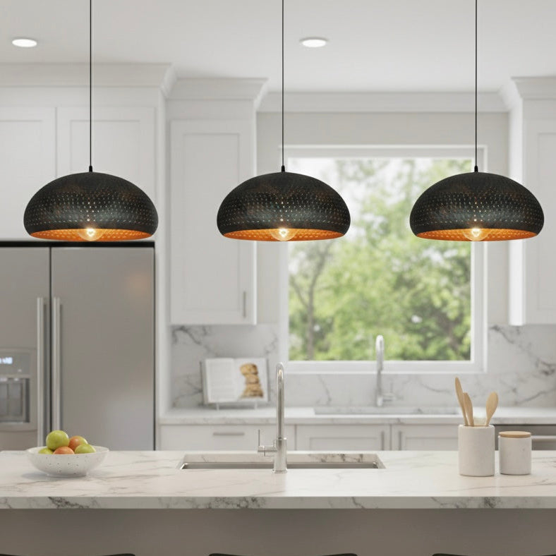 Side profile of a modern industrial black metal dome light fixture.