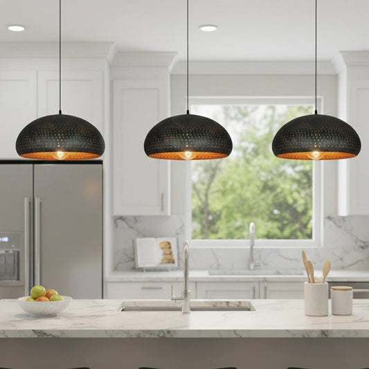 Side profile of a modern industrial black metal dome light fixture.