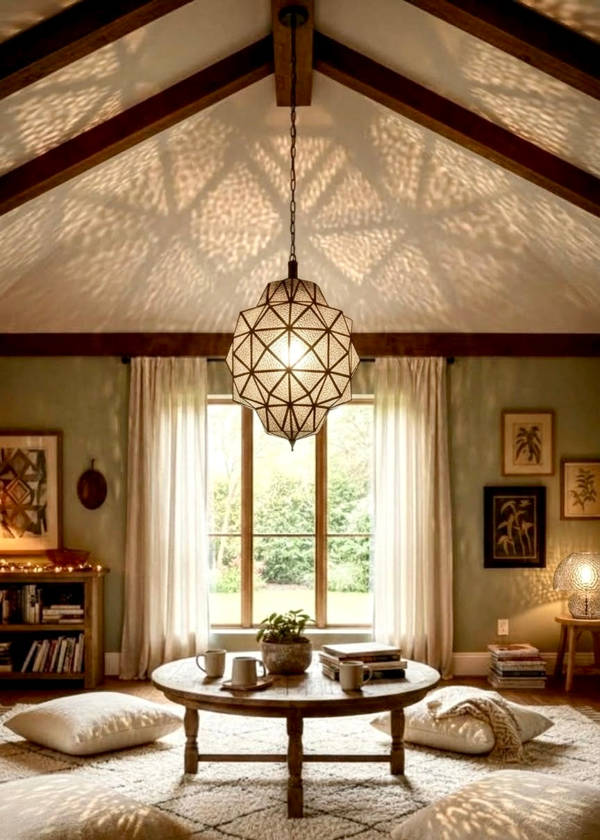 Modern minimalist living room with floor-to-ceiling glass walls featuring a large Moroccan handmade brass and hammered glass ceiling lamp.