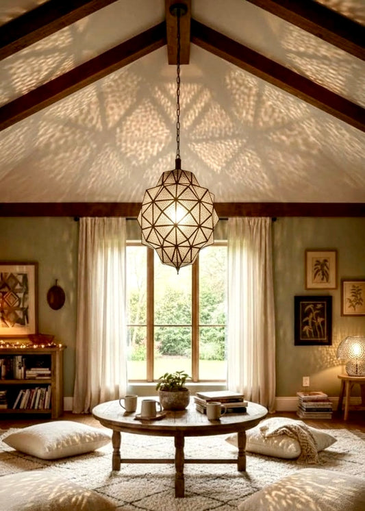 Modern minimalist living room with floor-to-ceiling glass walls featuring a large Moroccan handmade brass and hammered glass ceiling lamp.