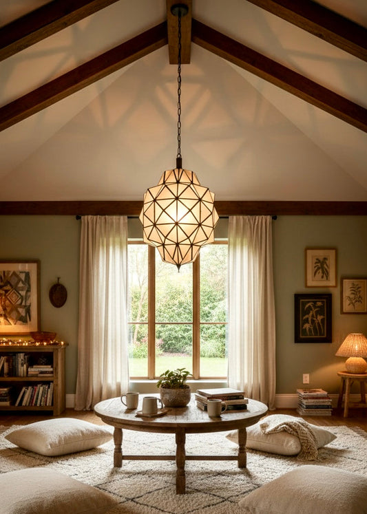 Modern minimalist living room with floor-to-ceiling glass walls featuring a large Moroccan handmade brass and milky glass ceiling lamp.