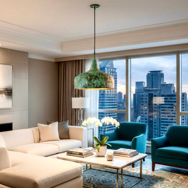 Large green patina brass dome lamp as a center piece in a modern luxury living room with city view.