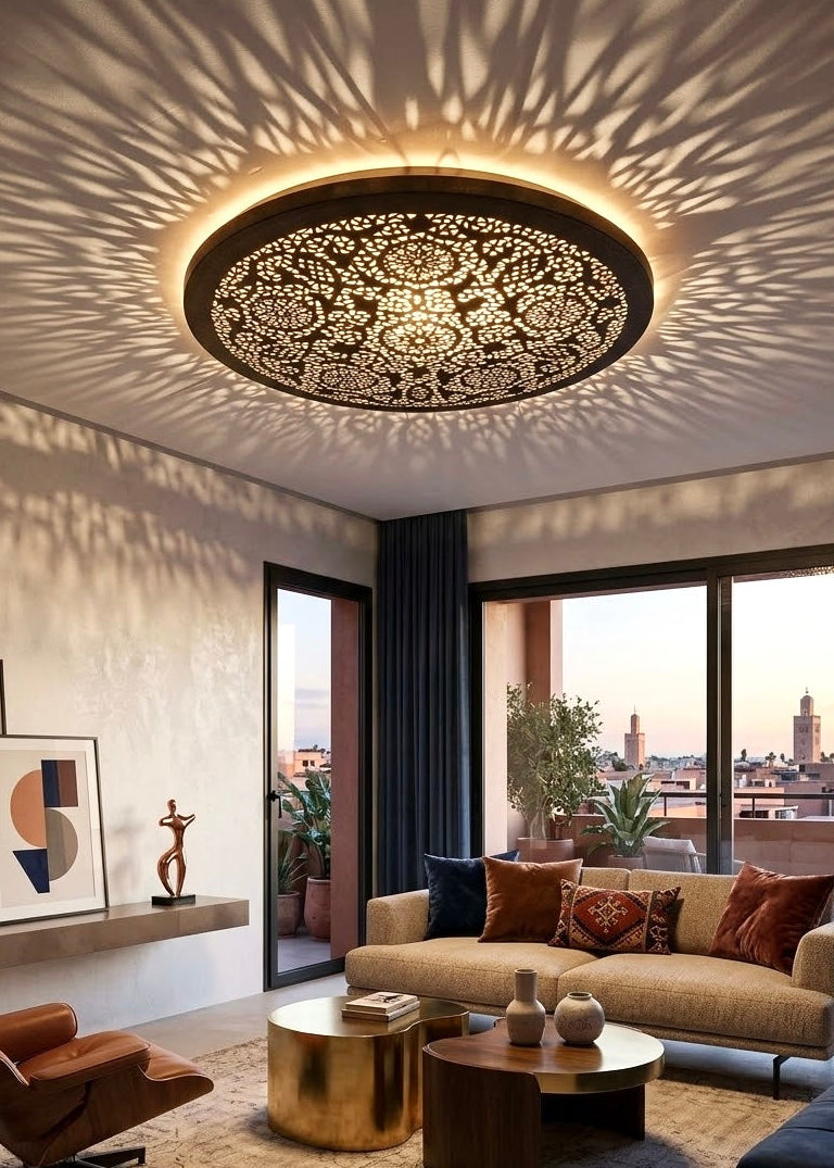Round brass Moroccan flush mount ceiling lamp mounted in a luxury modern living room with warm light pattern on ceiling.⁠